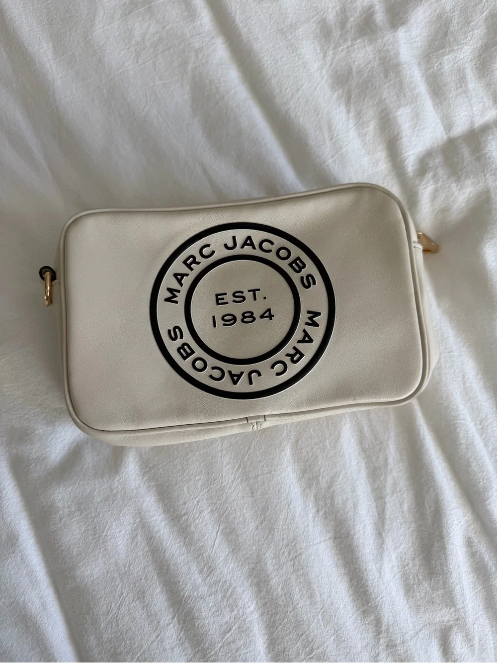 Marc Jacobs Cream Crossbody Snapshot Bag with Gold Accents and Camo Strap